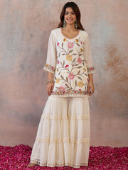 Women Floral Embroidered Regular Thread Work Kurta with Sharara & With Dupatta