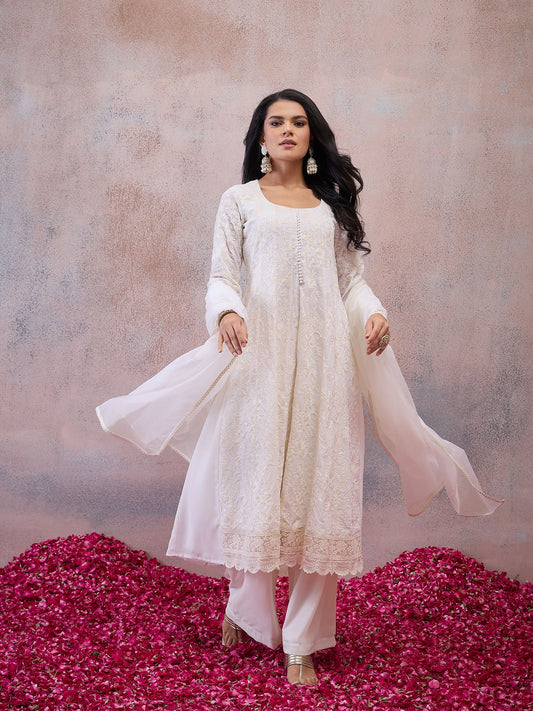 Women Ethnic Motifs Embroidered Regular Thread Work Kurta with Palazzos & With Dupatta