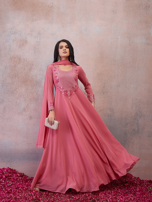 Women Embellished Georgette Anarkali Kurta with Dupatta