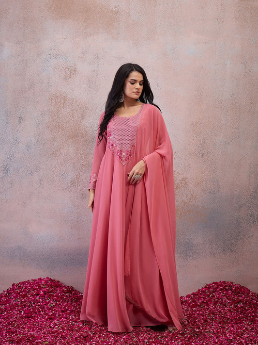 Women Embellished Georgette Anarkali Kurta with Dupatta