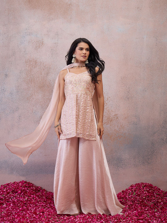 Women Floral Embroidered Regular Thread Work Kurta with Sharara & With Dupatta