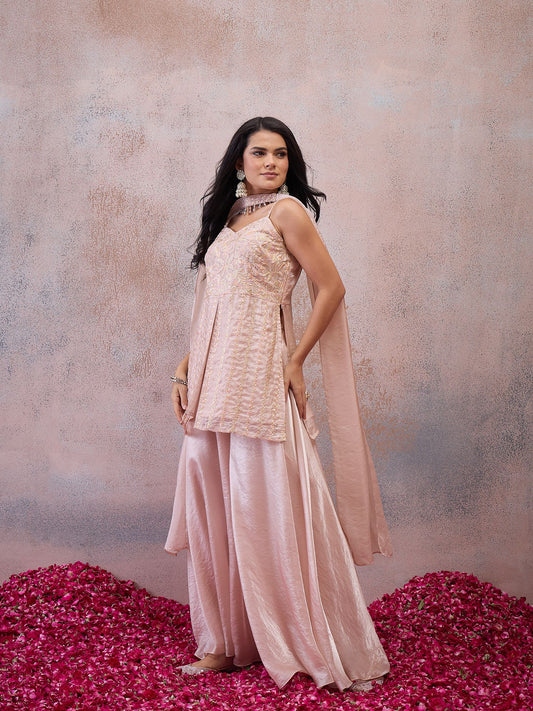 Women Floral Embroidered Regular Thread Work Kurta with Sharara & With Dupatta