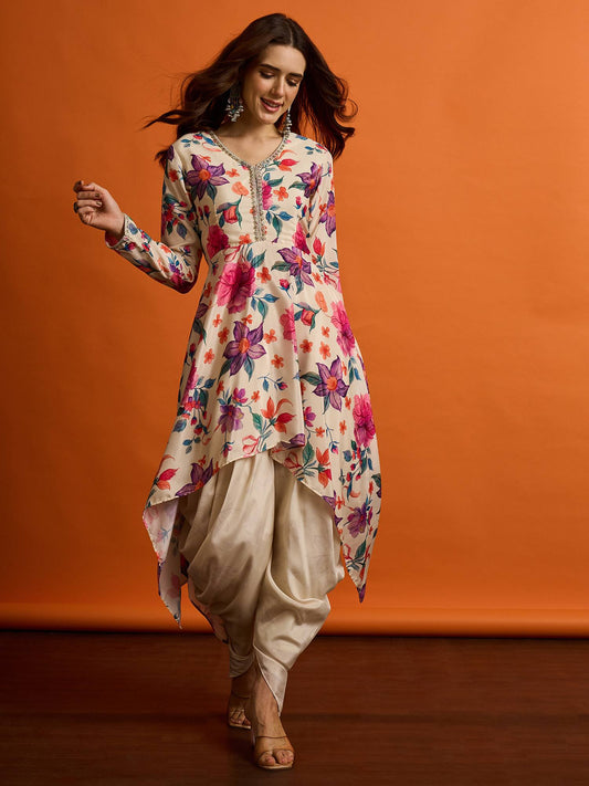 Women Floral Printed Regular Thread Work Kurta with Dhoti Pants