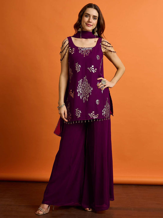Women Ethnic Motifs Regular Sequinned Kurta with Palazzos & Dupatta