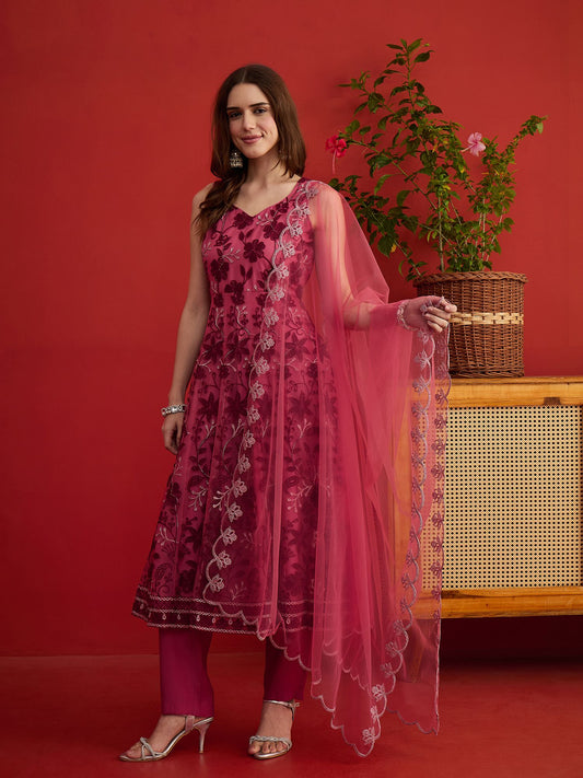Women Floral Embroidered Regular Thread Work Kurta with Trousers & With Dupatta