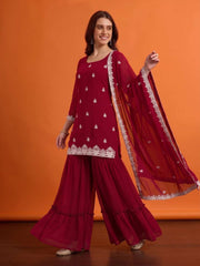 Women Ethnic Motifs Embroidered Regular Thread Work Kurta with Sharara & With Dupatta
