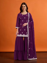 Women Ethnic Motifs Embroidered Regular Thread Work Kurta with Sharara & With Dupatta