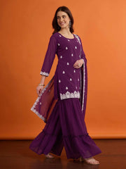 Women Ethnic Motifs Embroidered Regular Thread Work Kurta with Sharara & With Dupatta