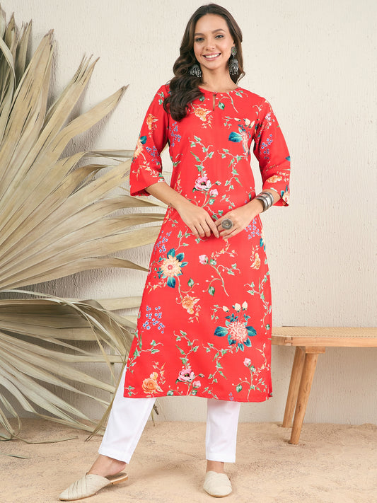 Floral Printed Keyhole Neck Pleated Cotton Straight Kurta