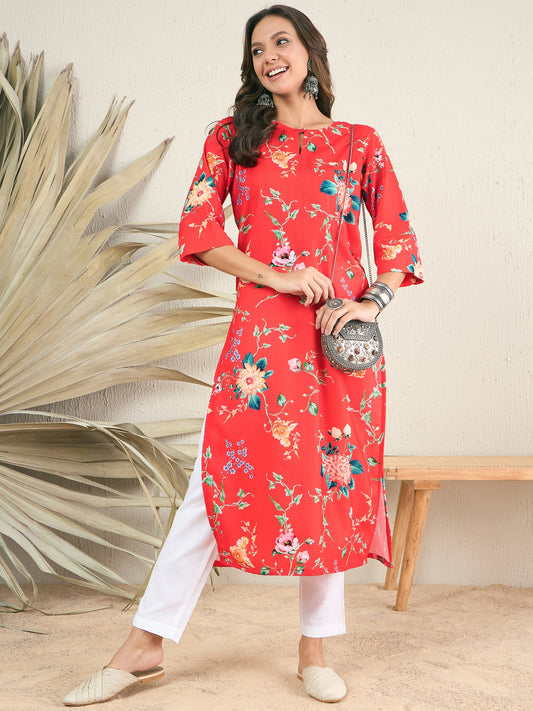 Floral Printed Keyhole Neck Pleated Cotton Straight Kurta