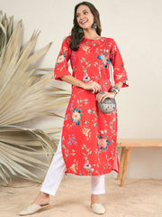 Floral Printed Keyhole Neck Pleated Cotton Straight Kurta