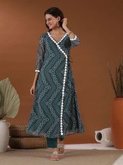 Women Bandhani Printed Angrakha Gotta Patti Kurta with Trousers