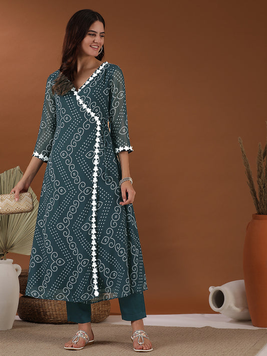 Women Bandhani Printed Angrakha Gotta Patti Kurta with Trousers