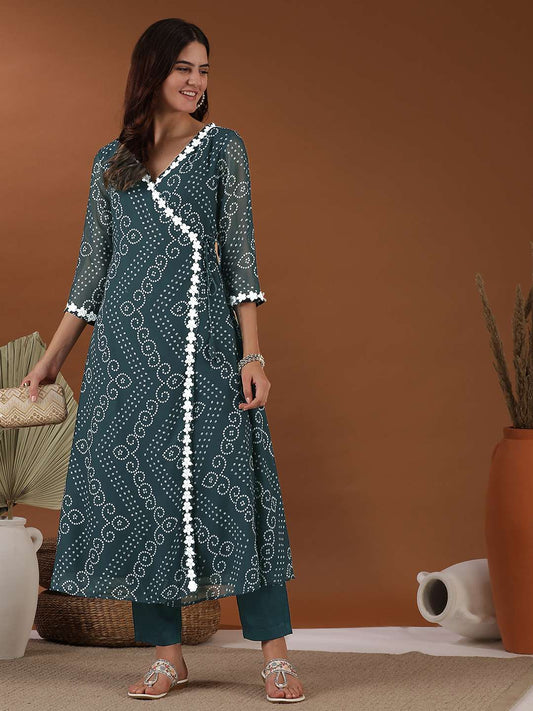Women Bandhani Printed Angrakha Gotta Patti Kurta with Trousers