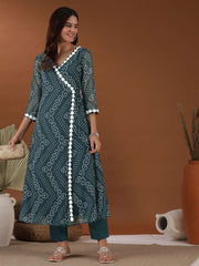 Women Bandhani Printed Angrakha Gotta Patti Kurta with Trousers