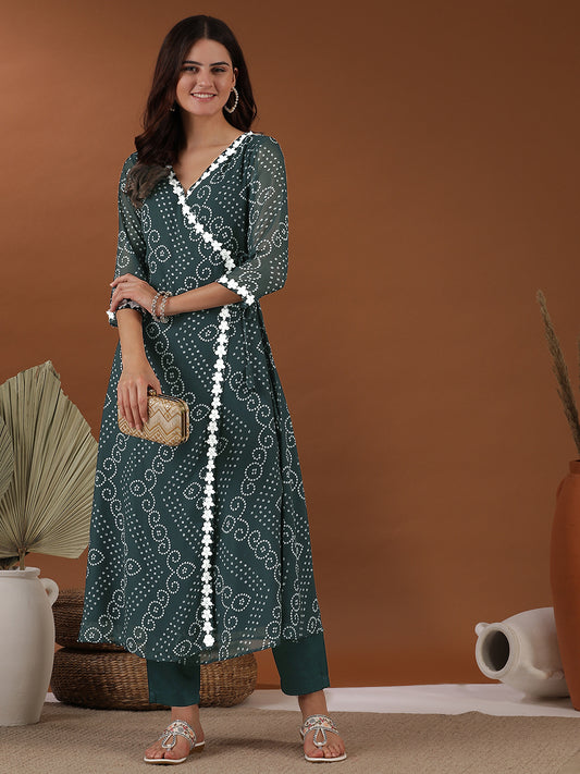 Women Bandhani Printed Angrakha Gotta Patti Kurta with Trousers