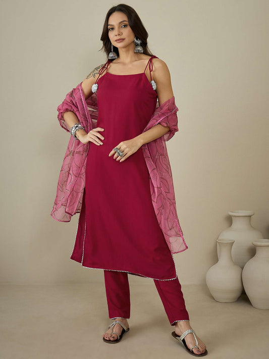 Shoulder Straps Gotta Patti Straight Kurta With Trousers & Dupatta