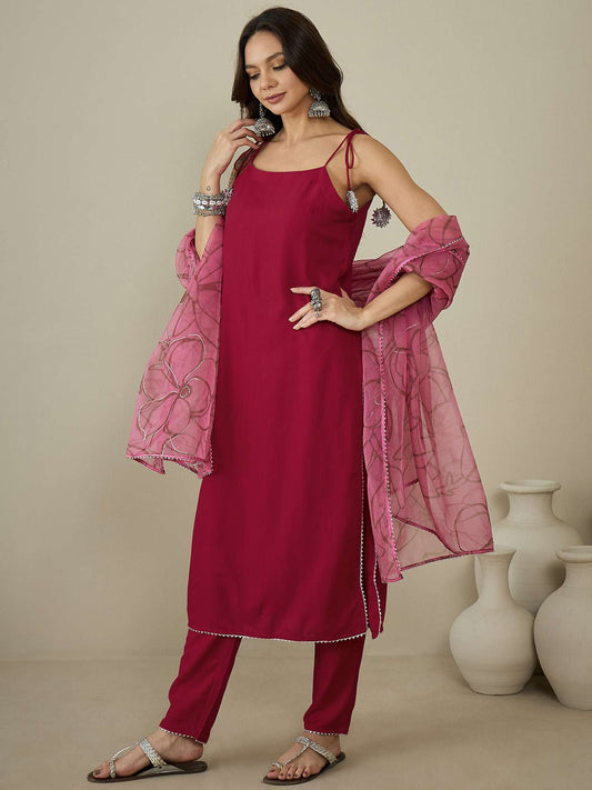 Shoulder Straps Gotta Patti Straight Kurta With Trousers & Dupatta