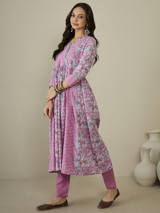 Women Floral Printed Angrakha Sequinned Kurta with Trousers