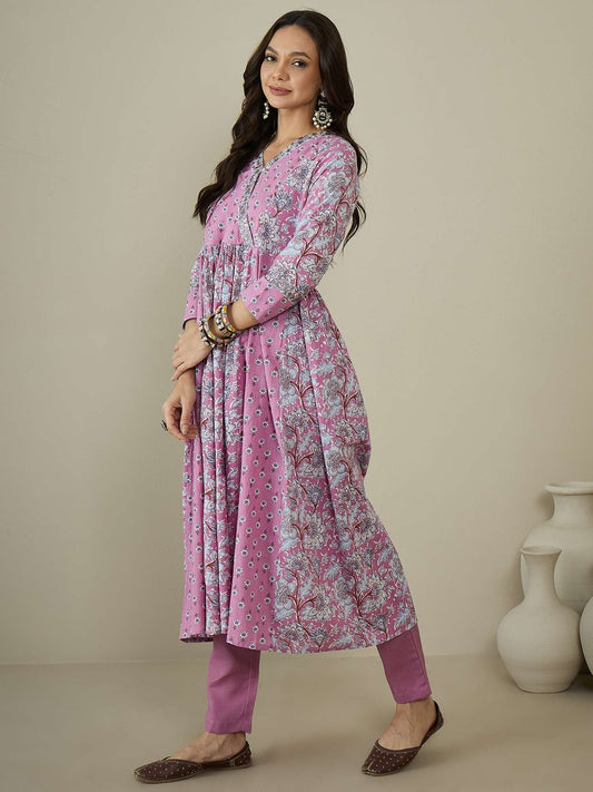 Women Floral Printed Angrakha Sequinned Kurta with Trousers