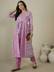 Women Floral Printed Angrakha Sequinned Kurta with Trousers
