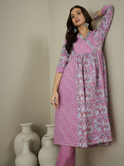 Women Floral Printed Angrakha Sequinned Kurta with Trousers