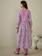 Women Floral Printed Angrakha Sequinned Kurta with Trousers