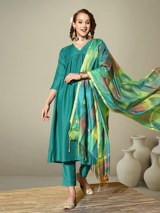 V-Neck Empire A-Line Kurta With Trousers & Dupatta