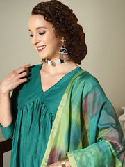 V-Neck Empire A-Line Kurta With Trousers & Dupatta