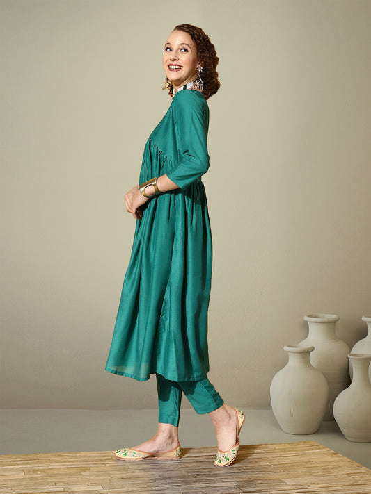 V-Neck Empire A-Line Kurta With Trousers & Dupatta