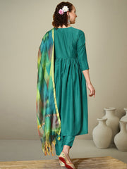 V-Neck Empire A-Line Kurta With Trousers & Dupatta