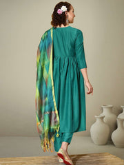 V-Neck Empire A-Line Kurta With Trousers & Dupatta