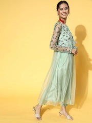 Green Women Floral Net Bling it On Kurta Set
