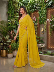 Yellow Mirror Work Poly Georgette Saree