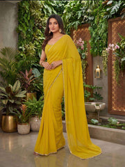 Yellow Mirror Work Poly Georgette Saree