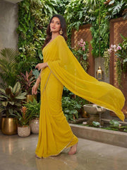 Yellow Mirror Work Poly Georgette Saree