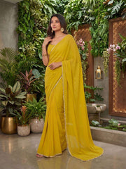 Yellow Mirror Work Poly Georgette Saree