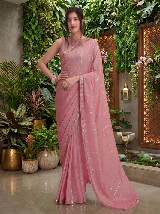 Striped Sequinned Organza Saree