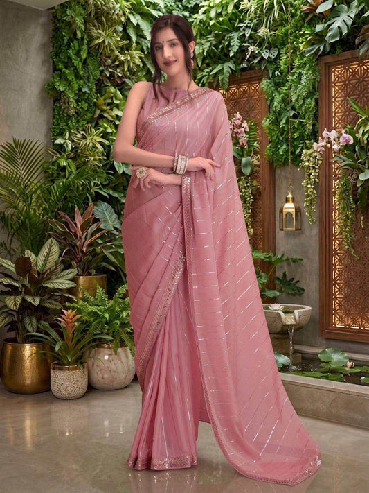 Striped Sequinned Organza Saree