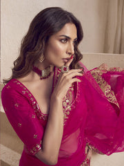 Magenta Pink Floral Sequins and Thread Embroidered Saree with Blouse Piece