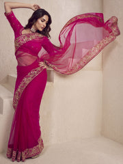 Magenta Pink Floral Sequins and Thread Embroidered Saree with Blouse Piece