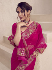Magenta Pink Floral Sequins and Thread Embroidered Saree with Blouse Piece