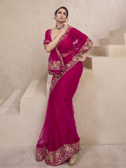 Magenta Pink Floral Sequins and Thread Embroidered Saree with Blouse Piece