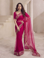 Magenta Pink Floral Sequins and Thread Embroidered Saree with Blouse Piece