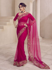Magenta Pink Floral Sequins and Thread Embroidered Saree with Blouse Piece