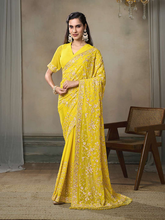 Floral Sequinned Embroidered Tassels Saree