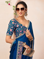 Floral Embroidered Mirror Work Satin Saree