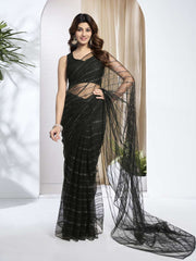 Striped Sequinned Net Heavy Work Saree