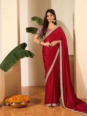 Floral Embroidered Satin Saree