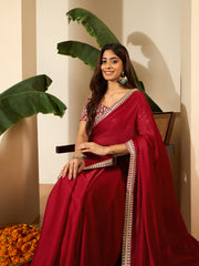 Floral Embroidered Satin Saree